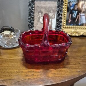 Vintage Older Ruby Amberina Basket Red Glass Basket Decorative Dish - Unbranded